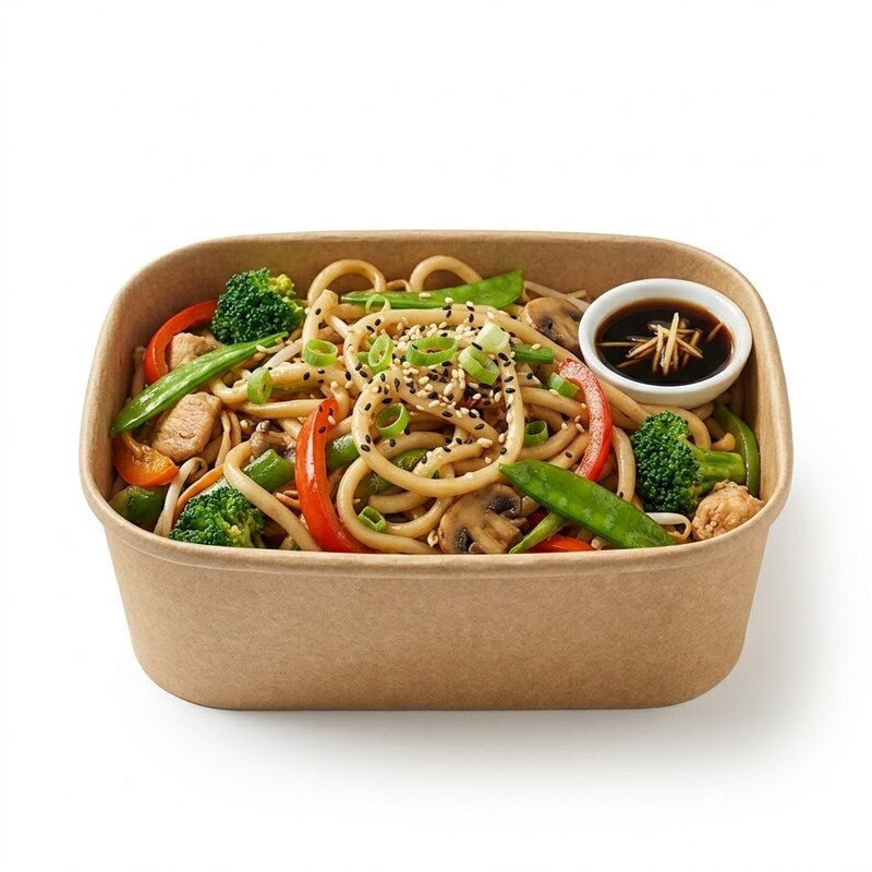 Zeropac Kraft Container 1000ml holding noodles, vegetables, and sauce