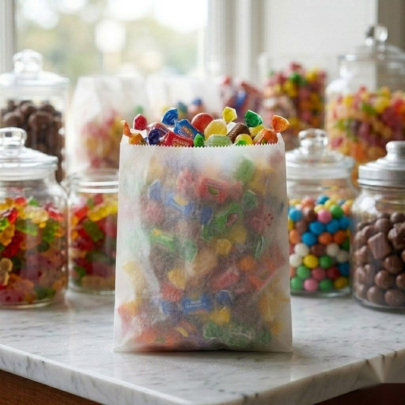 White glassine bag with candies on marble counter surrounded by glass candy jars