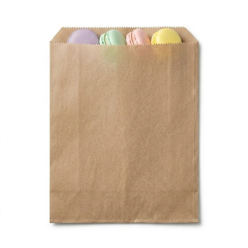 Zeropac 2F Kraft Flat Paper Bag filled with pastel-colored macarons