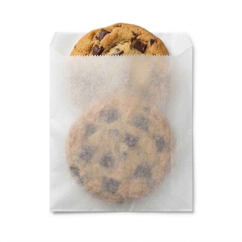 Zeropac 3 Flat White glassine bag holding chocolate chip cookie