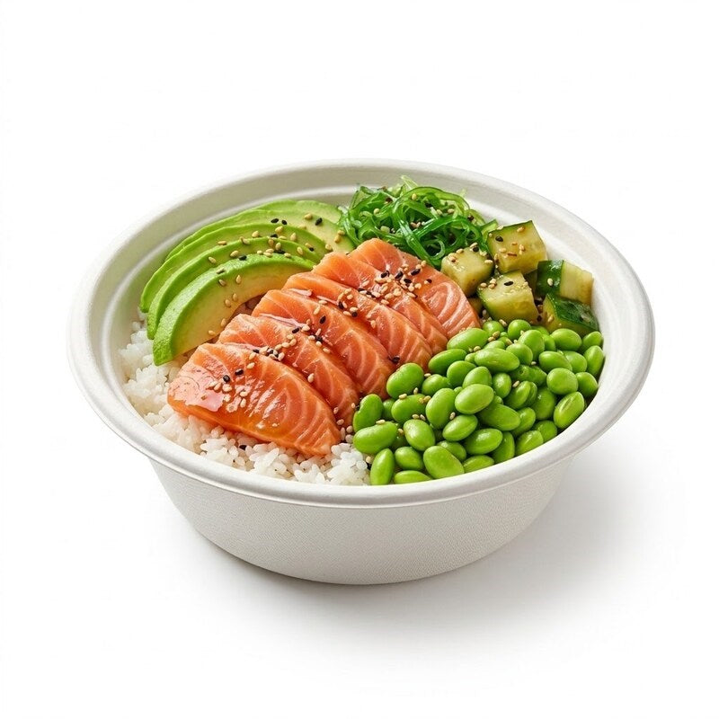 Zeropac 40oz bowl with salmon poke holding rice, avocado, edamame, sesame seeds