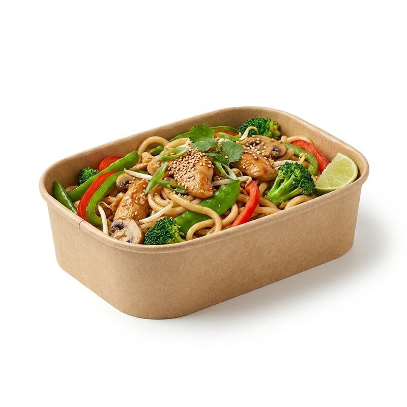 Zeropac Kraft Container 500ml holding noodles, vegetables, and lime