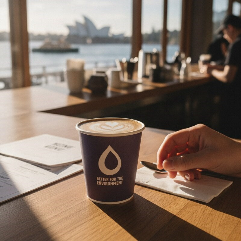 Person at waterfront cafe holding Zeropac single wall cup of latte