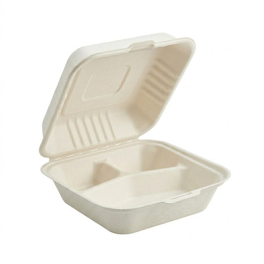 White 8" X 8" 3 Compartment Clamshell