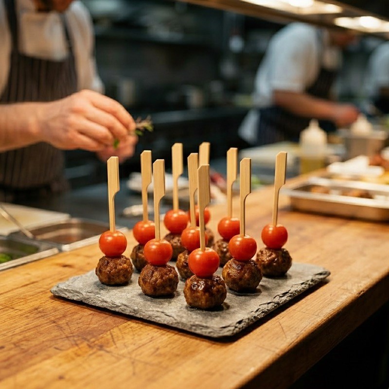 Chef arranging Zeropac bamboo skewers with meatballs and tomatoes