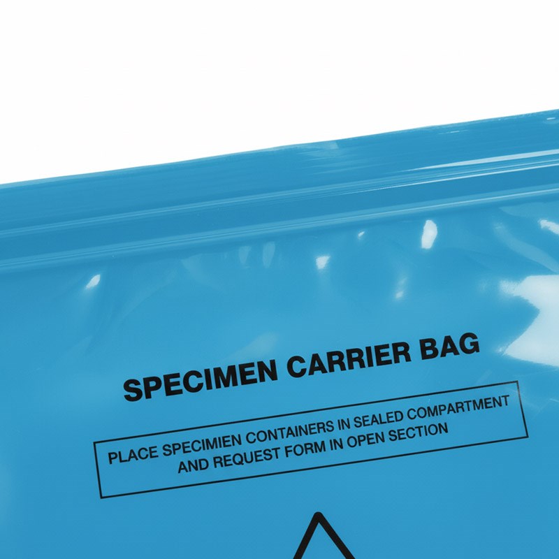 Zeropac blue specimen bag with biohazard symbol label