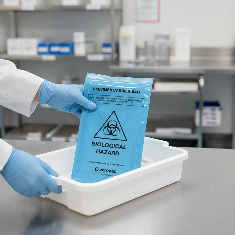 Healthcare worker holding Zeropac specimen bag in lab