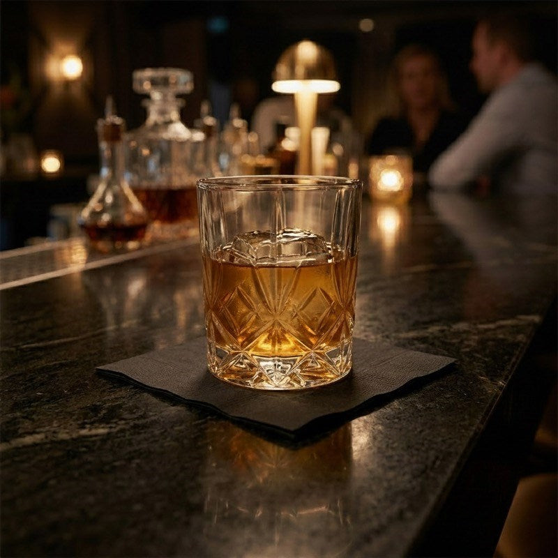 Black napkin under cocktail glass at upscale bar with guests dining nearby