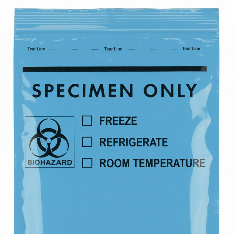 A close-up of the top portion of a blue specimen bag showing the tear line, "SPECIMEN ONLY" instruction, and storage checkboxes.