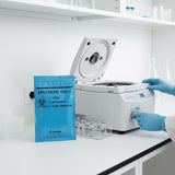 Laboratory technician in blue gloves using blue specimen bag with centrifuge and sample tubes