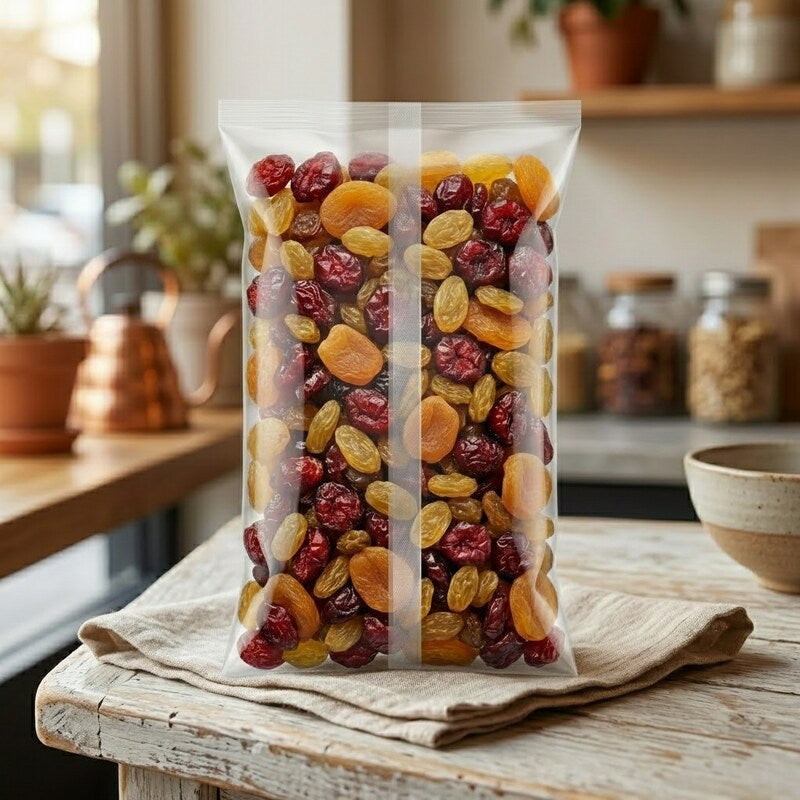 Dried fruit mix in clear Zeropac bag on kitchen counter with plants