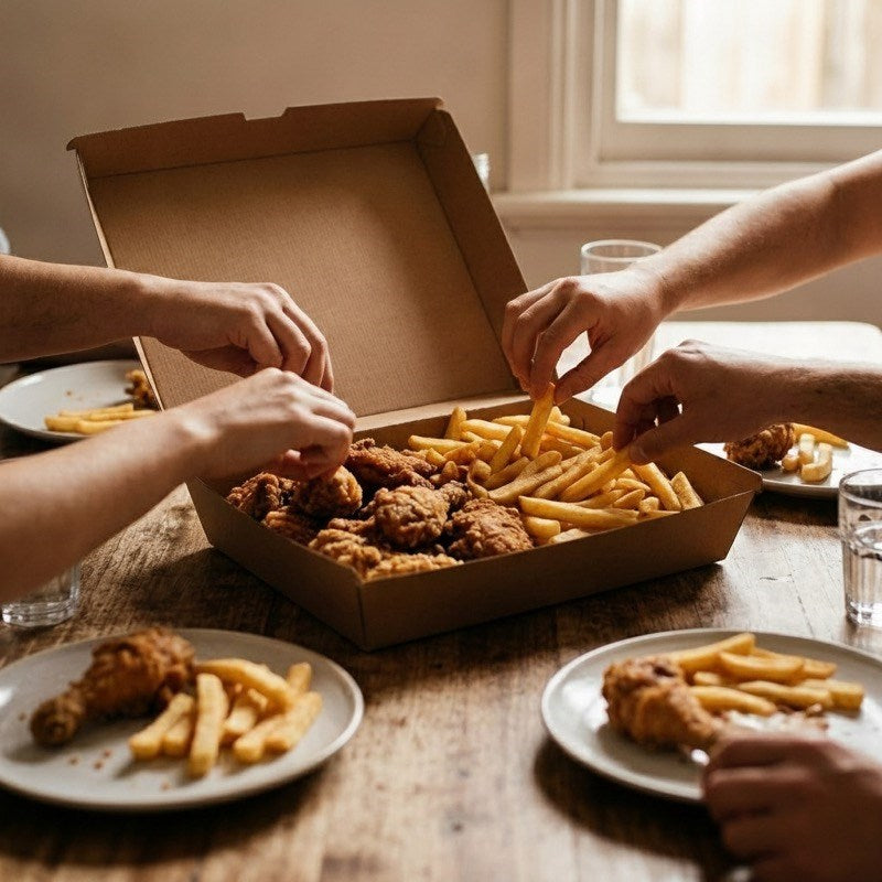 Multiple people sharing fried chicken and fries from Zeropac family box