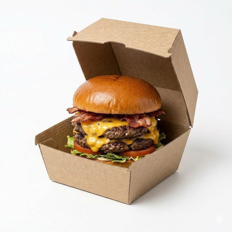 Zeropac High Burger Box with double patty burger, bacon and melted cheese