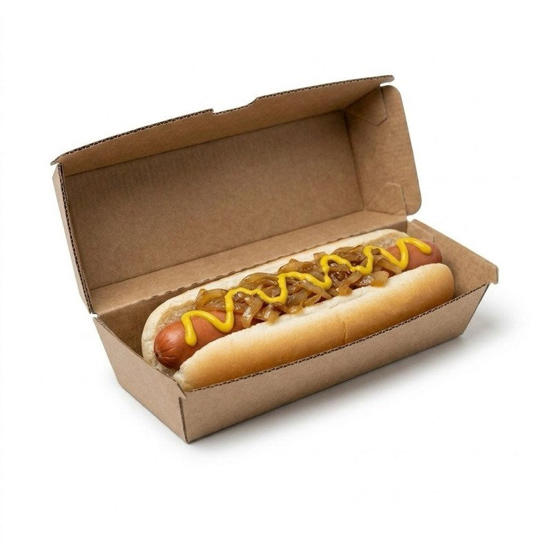Zeropac Hot Dog Box with hot dog topped with mustard, onions and toppings