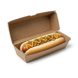Zeropac Hot Dog Box with hot dog topped with mustard, onions and toppings