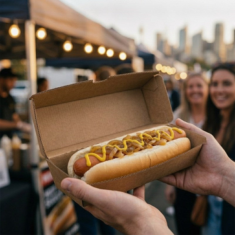 Person holding Zeropac hot dog box at outdoor food market near city