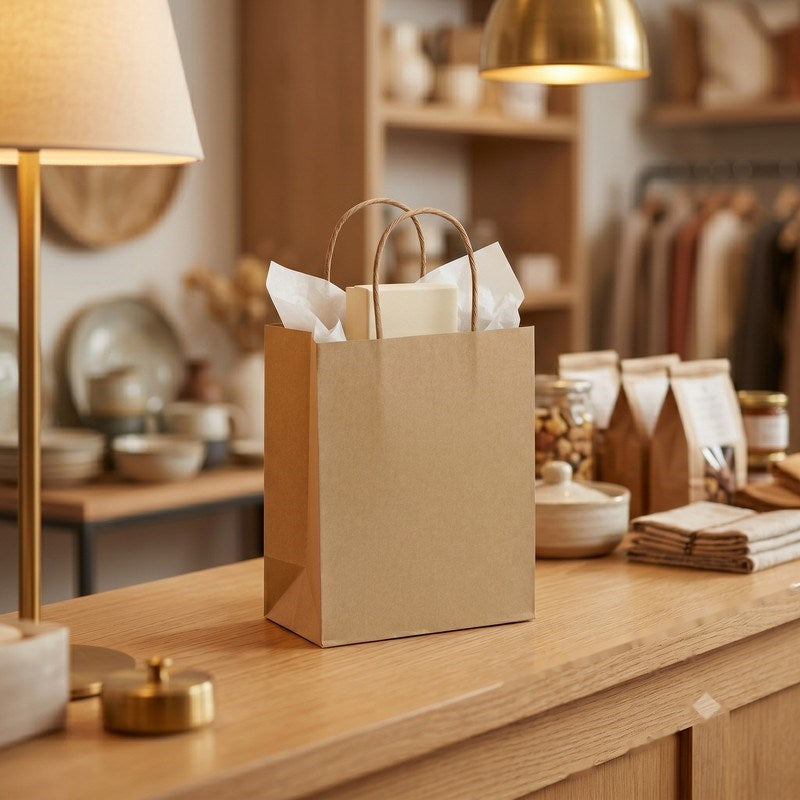 Zeropac paper bag on retail counter in contemporary home goods environment