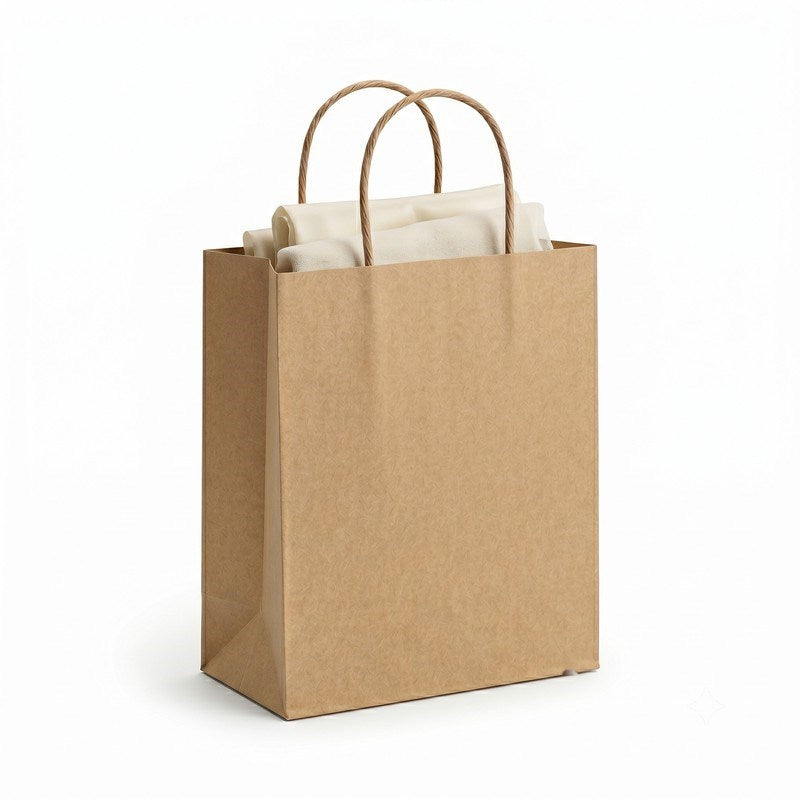 Zeropac paper bag holding rolled fabrics, textiles and white accessories