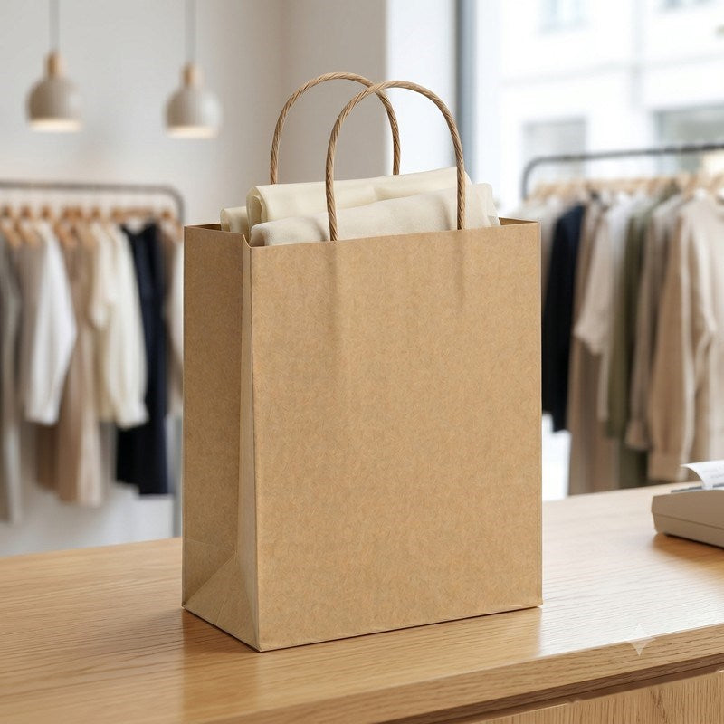 Zeropac paper bag displayed on counter in contemporary clothing retail space