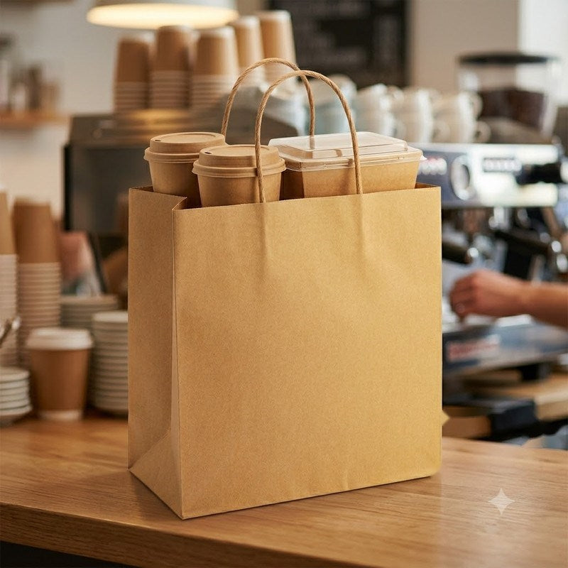 Zeropac Paper Bag Twisted Handle Takeaway Medium holding food containers on a cafe counter