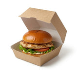Zeropac Kraft Board Burger Box with grilled burger and fresh toppings
