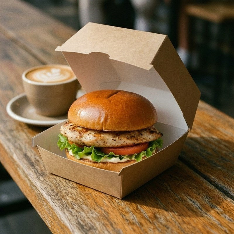 Grilled burger in Zeropac kraft box on cafe table with coffee nearby