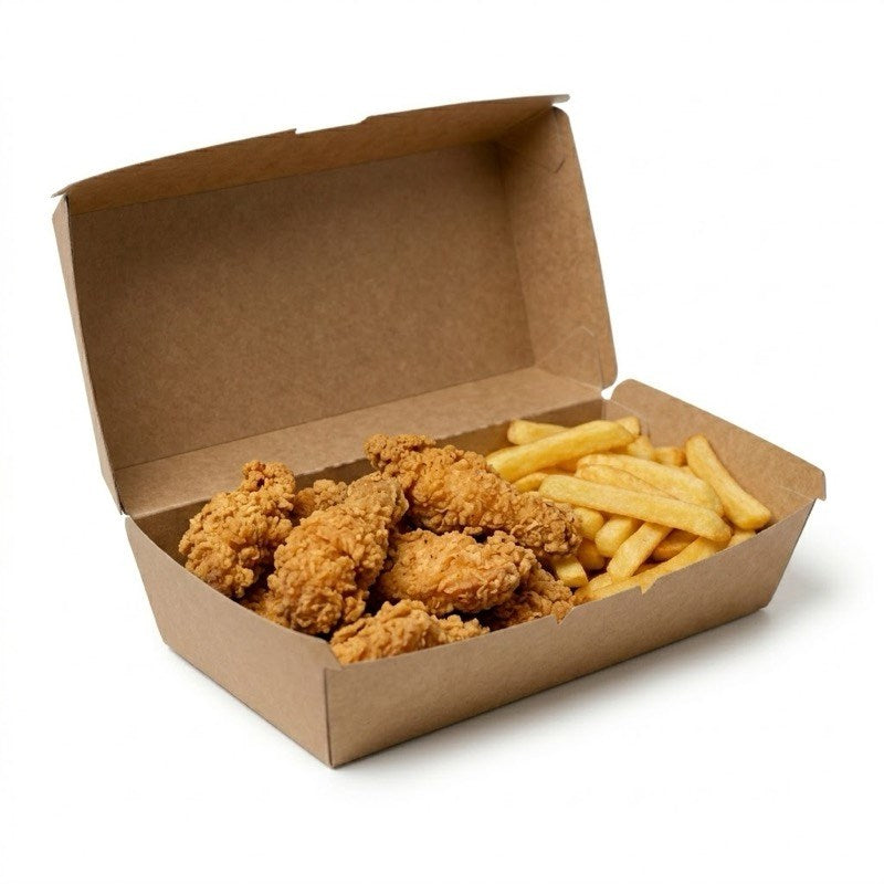 Zeropac Brown Kraft Board Large Snack Box holding fried chicken and french fries