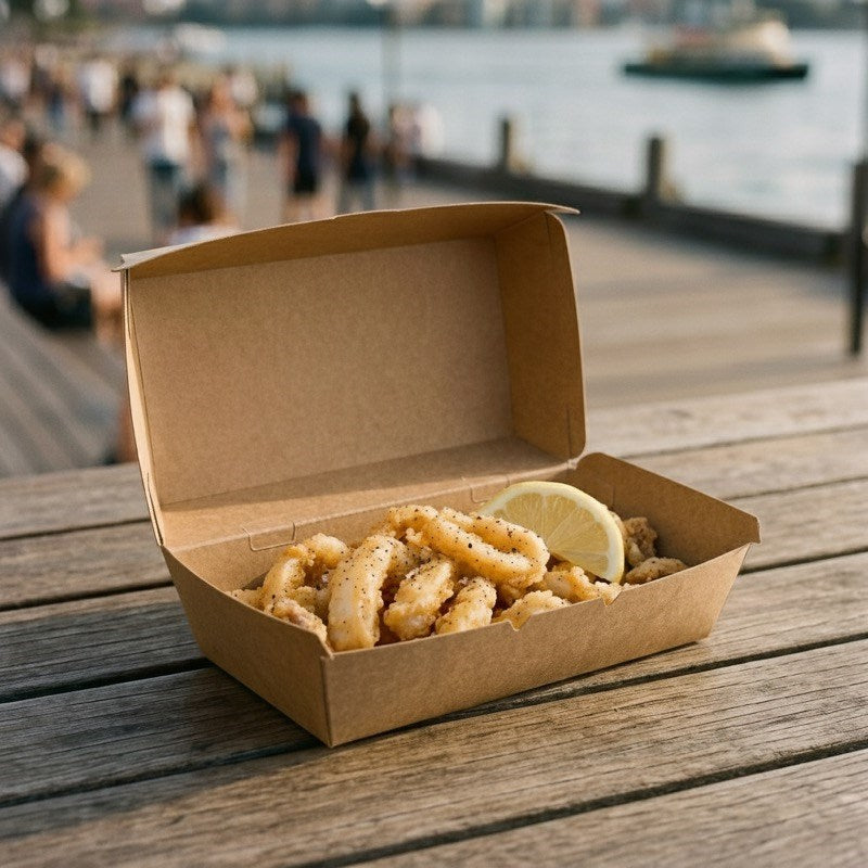Fried calamari in Zeropac kraft box on waterfront dock with water view