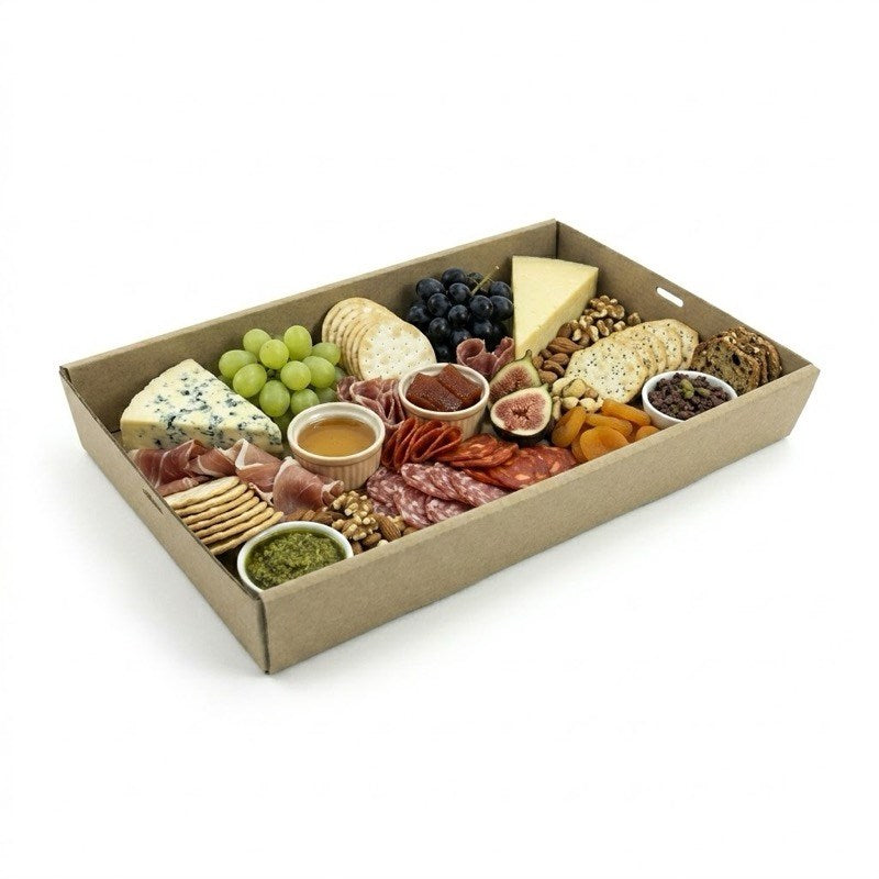 Zeropac kraft rectangular catering tray with gourmet charcuterie cheeses, meats, nuts, fruits