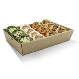 Zeropac kraft rectangular catering tray filled with assorted wraps and rolls with varied fillings