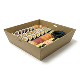 Zeropac kraft catering tray with sushi and sashimi platter rolls, raw fish, shrimp, sauce