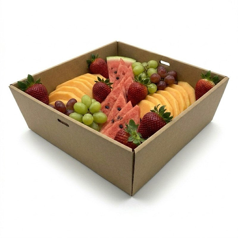 Zeropac kraft catering tray with fresh fruit arrangement watermelon, strawberries, grapes, melon