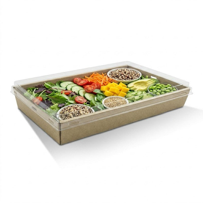Zeropac clear RPET medium catering tray holding vegetables with dipping bowls