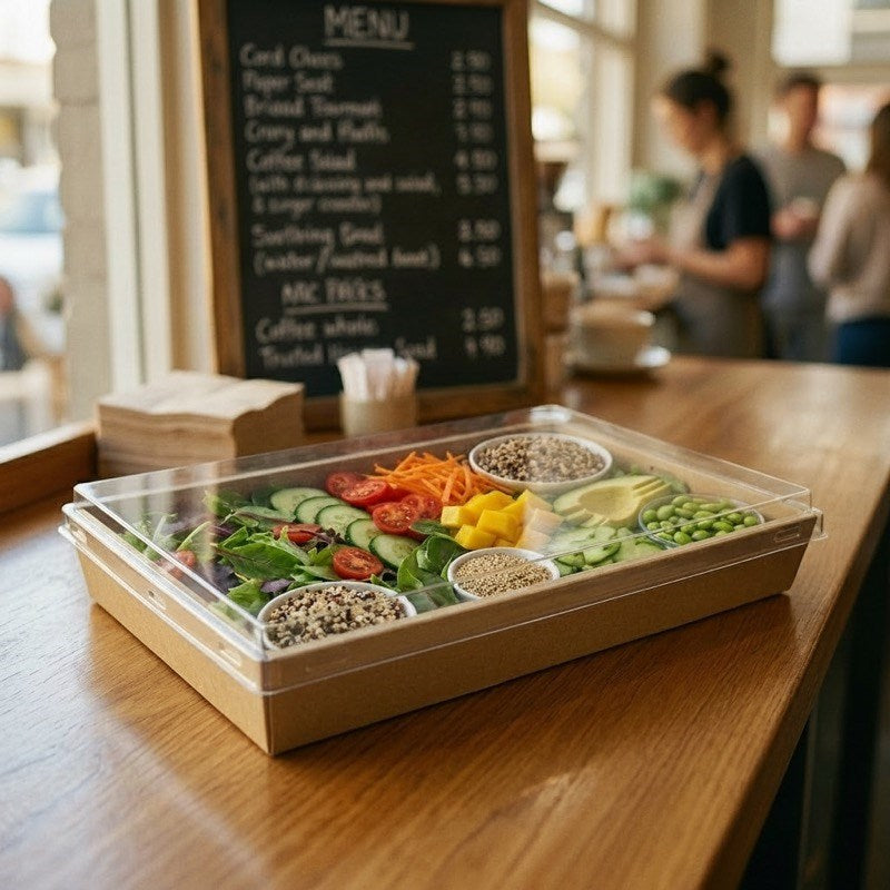 Clear RPET catering tray with fresh vegetables and dips at cafe counter