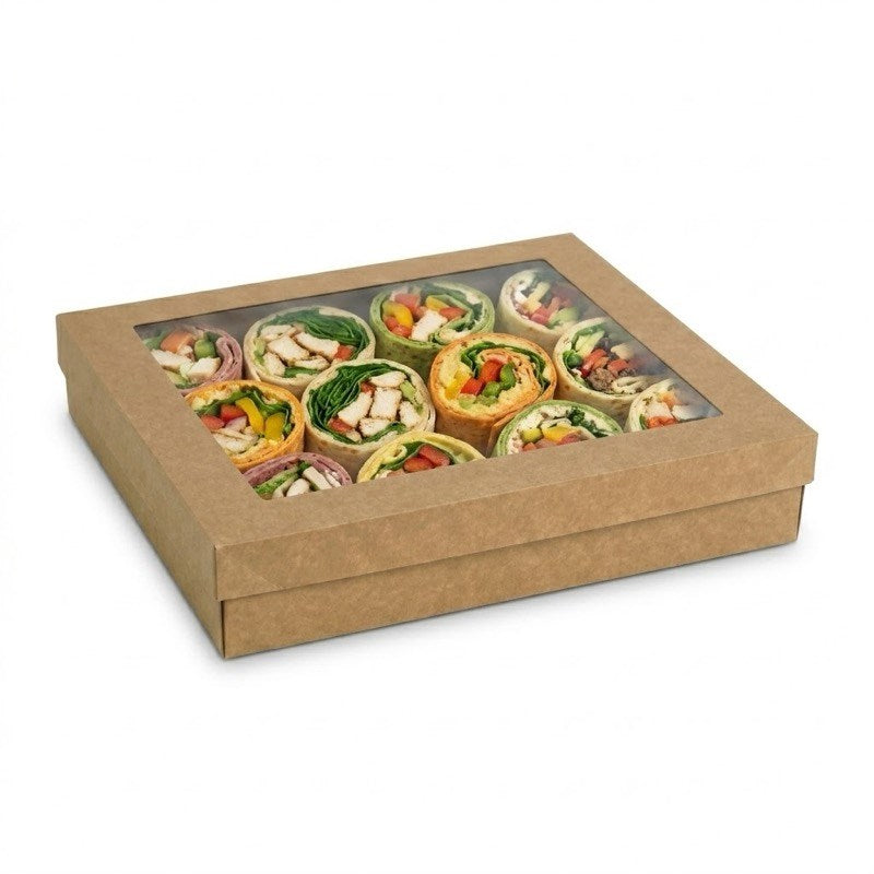 Zeropac kraft catering tray with PET window displaying assorted wraps with vegetable and meat