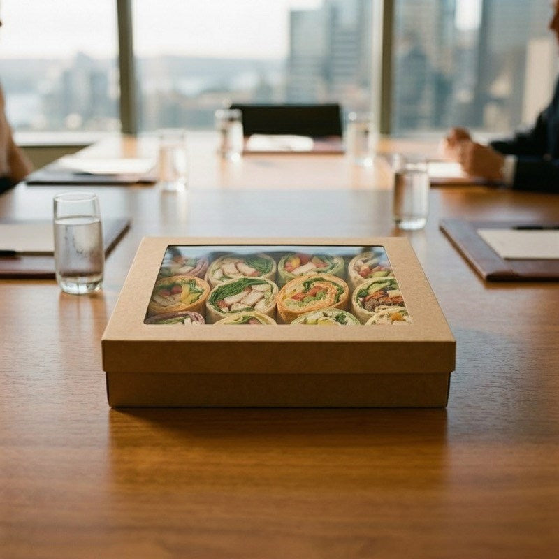 Kraft catering tray with PET window on boardroom table with city views and professionals visible