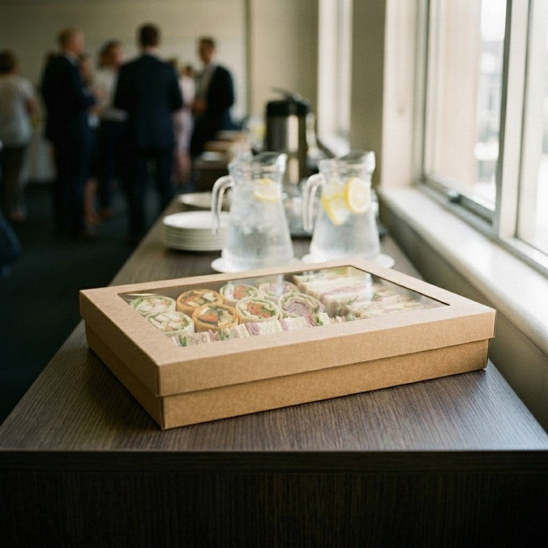 Kraft wrap catering tray with PET window on buffet table at corporate event with guests beverages