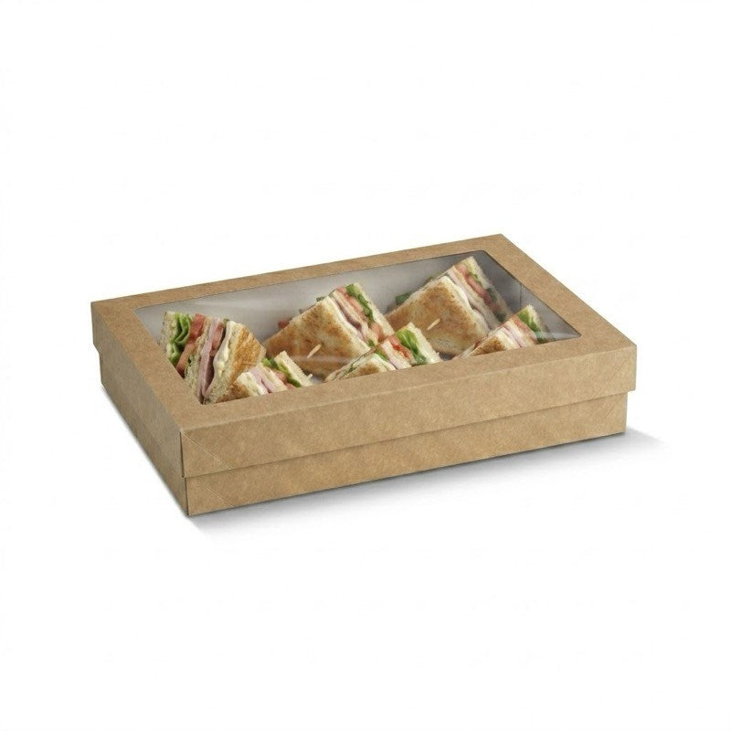 Zeropac kraft catering tray with PET window displaying sandwiches with ham, vegetables, greens