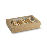 Zeropac kraft catering tray with PET window displaying sandwiches with ham, vegetables, greens