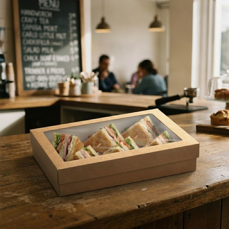 Kraft sandwich catering tray with clear PET window on cafe counter with menu board visible