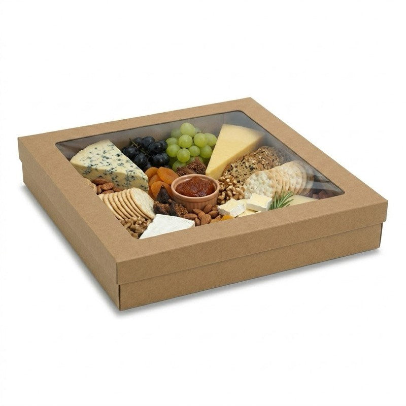 Zeropac kraft square large catering tray holding cheese, cured meats and grapes