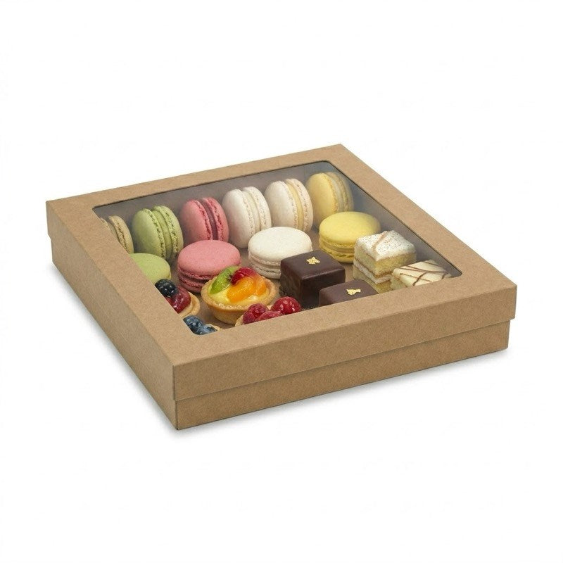 Zeropac kraft square small catering tray holding colorful macarons and pastries