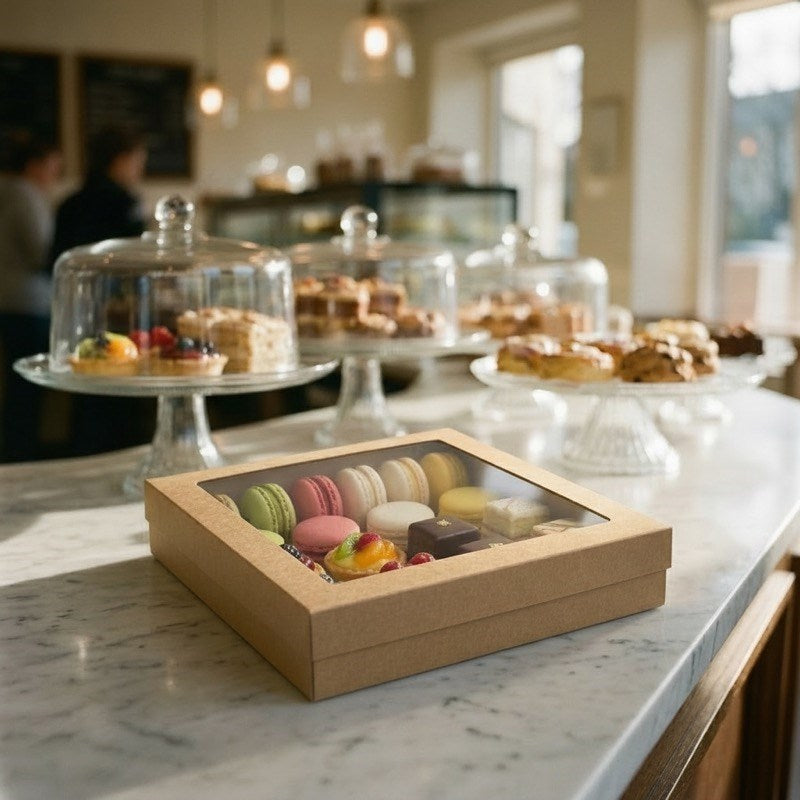 Kraft square catering tray with macarons and pastries displayed at bakery counter