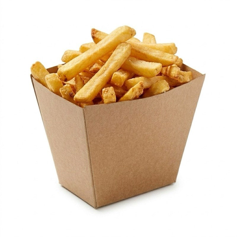 Zeropac Brown Kraft Chip Box holding golden French fries