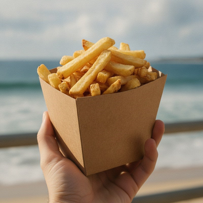 Person holding Zeropac chip box with fries at the beach