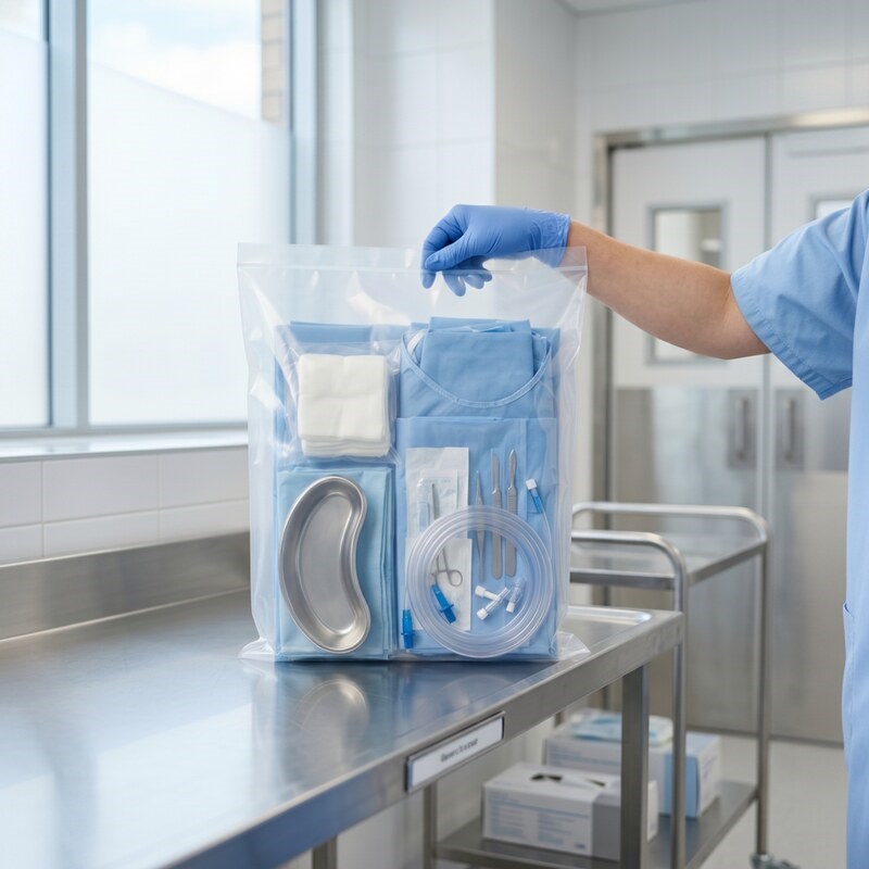 Healthcare worker holding Zeropac antistatic cleanroom bag with surgical supplies in clinic