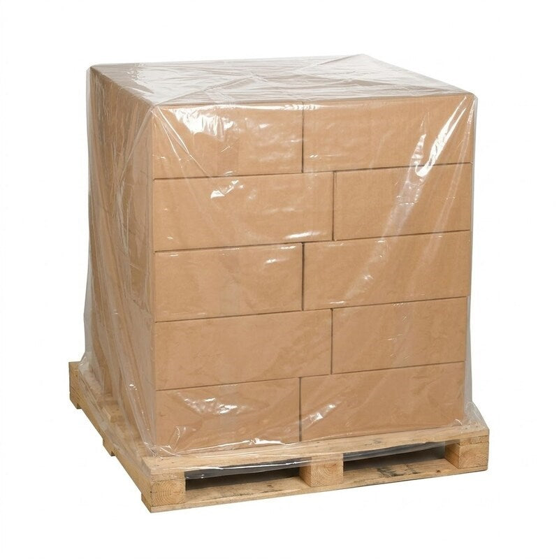 Pallet of cardboard boxes protected with Zeropac clear pallet bag