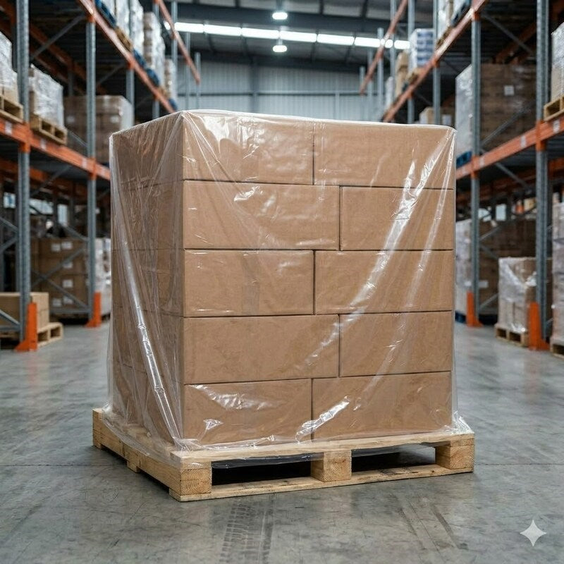 Wrapped pallet with Zeropac Clear Pallet Bag in industrial warehouse