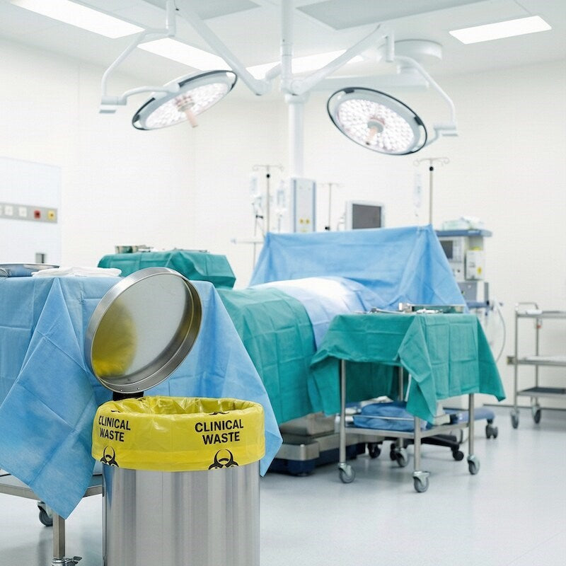 Zeropac Clinical Waste Bag in yellow pedal bin in pharmacy with staff