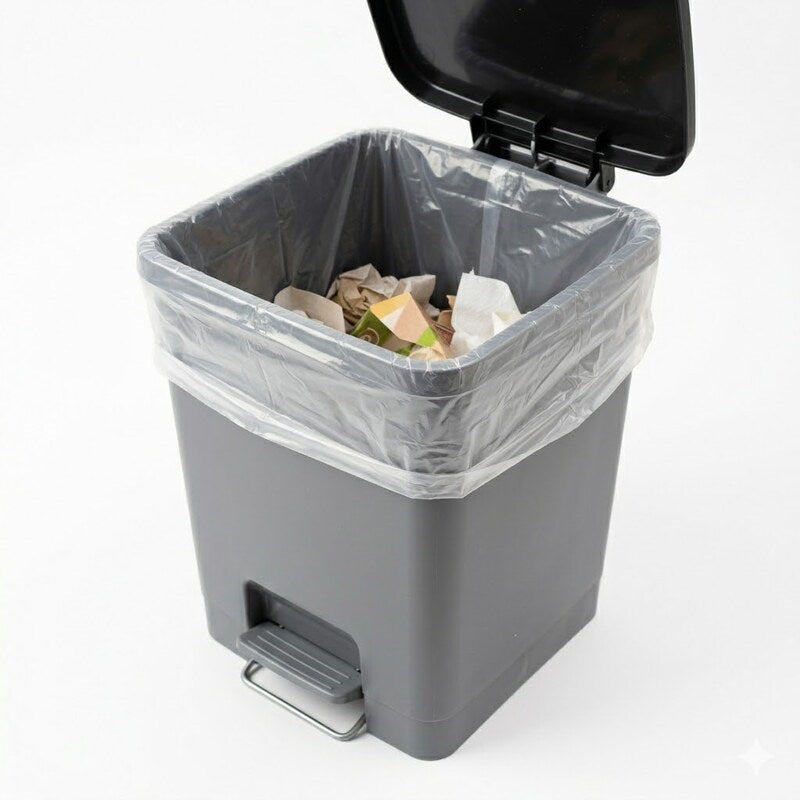 Zeropac LDPE Bin Liner holding waste in pedal-operated trash can